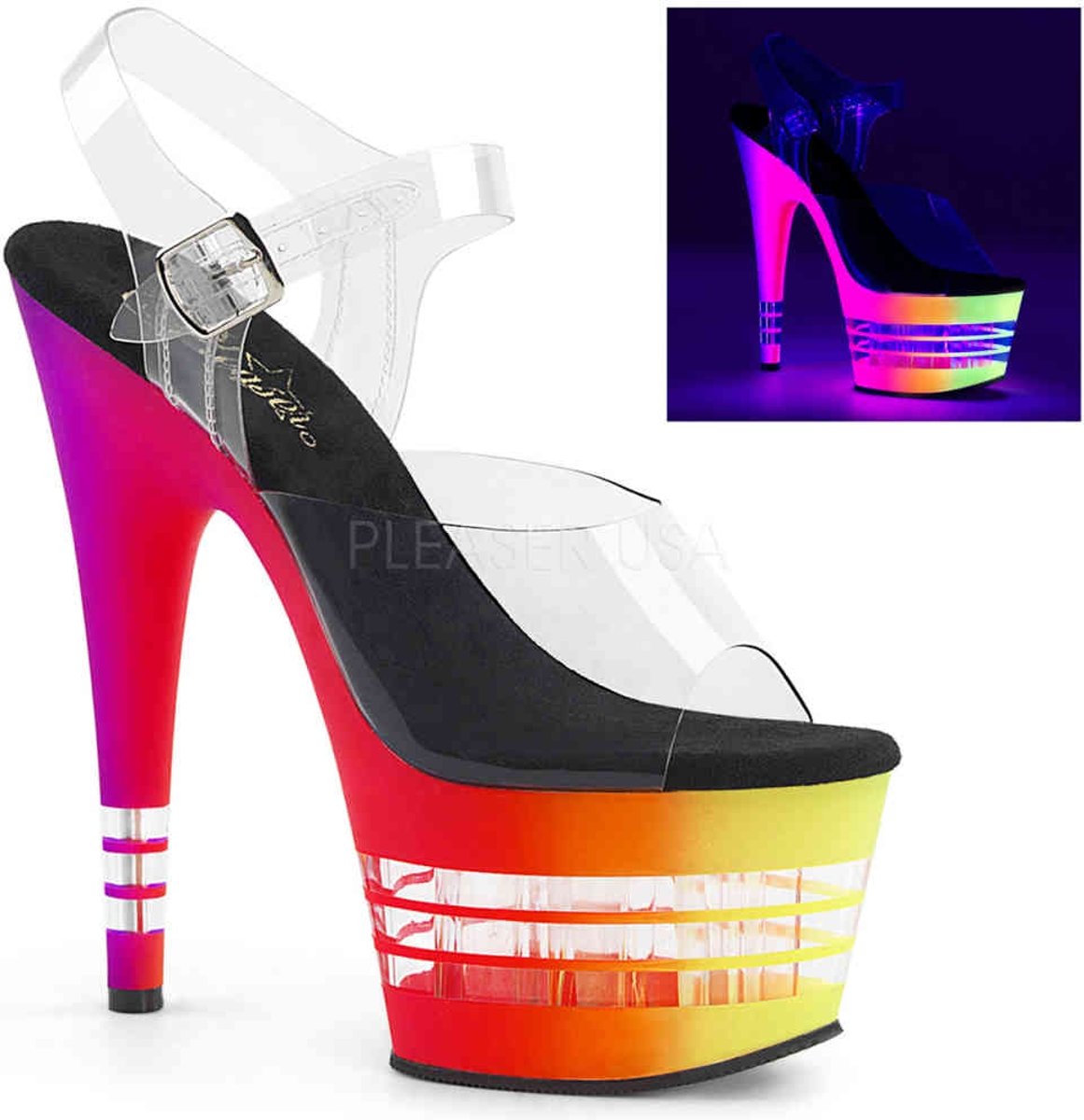 EU 37 = US 7 | ADORE-708UVLN | 7 Heel, 2 3/4 UV Reactive Lined PF Ankle Strap Sandal